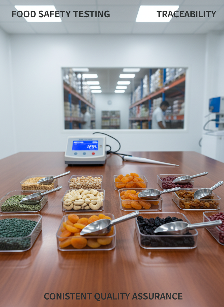 A polished wooden tabletop covered with small, transparent laboratory-style sample trays, each carefully filled with a different variety of pulses, nuts, and dried fruits, from deep green lentils to pale cashews and dark raisins. Stainless steel scoops rest beside several trays, and a digital moisture analyzer and food thermometer are visible slightly out of focus in the background. The setting is a spotless quality-control room with white walls and a large interior window revealing an organized warehouse beyond. Bright, neutral overhead lighting creates sharp clarity and subtle reflections on plastic and metal surfaces. Photographed from a slightly elevated angle with shallow depth of field, the scene has a precise, professional mood, emphasizing food safety testing, traceability, and consistent quality assurance in a modern trading facility.