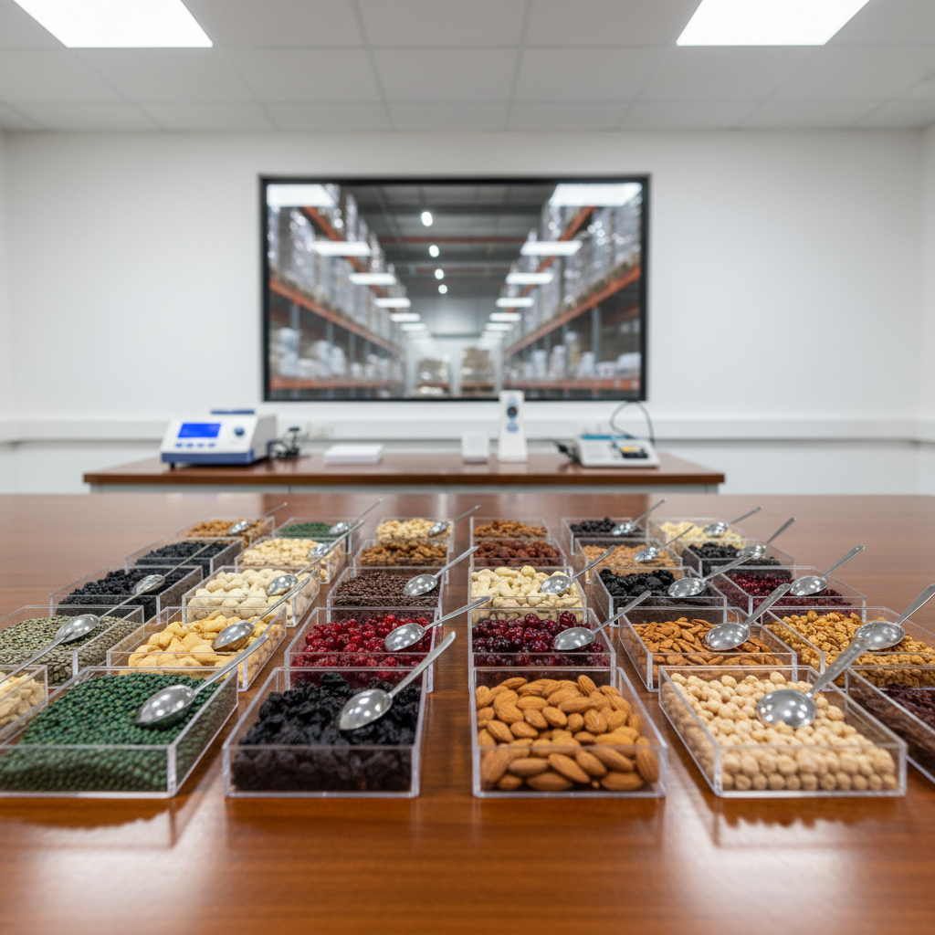 A polished wooden tabletop covered with small, transparent laboratory-style sample trays, each carefully filled with a different variety of pulses, nuts, and dried fruits, from deep green lentils to pale cashews and dark raisins. Stainless steel scoops rest beside several trays, and a digital moisture analyzer and food thermometer are visible slightly out of focus in the background. The setting is a spotless quality-control room with white walls and a large interior window revealing an organized warehouse beyond. Bright, neutral overhead lighting creates sharp clarity and subtle reflections on plastic and metal surfaces. Photographed from a slightly elevated angle with shallow depth of field, the scene has a precise, professional mood, emphasizing food safety testing, traceability, and consistent quality assurance in a modern trading facility.