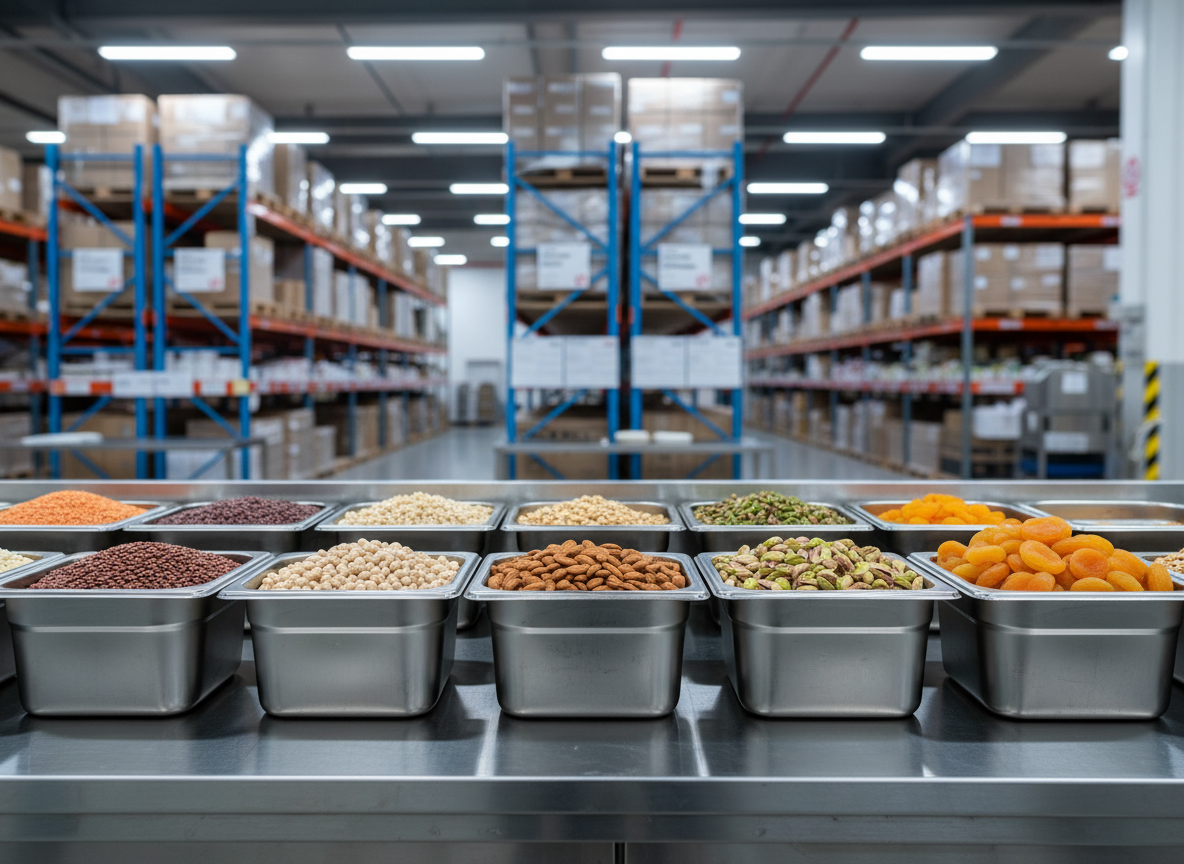 An assortment of premium-quality pulses, nuts, and dried fruits arranged in neat rows of stainless steel bins, each filled to the brim with vibrant lentils, chickpeas, almonds, pistachios, and golden apricots. The bins sit on a spotless industrial stainless steel counter in a modern warehouse environment, with tall pallet racks and clearly labeled storage sections softly blurred in the background. Cool, diffused overhead LED lighting creates crisp, even illumination, highlighting textures and natural colors while casting minimal shadows. Captured at eye level with a medium depth of field, the composition feels orderly and professional. The photographic realism and clean, modern aesthetic convey reliability, hygiene, and meticulous quality control suitable for an international food trading company.
