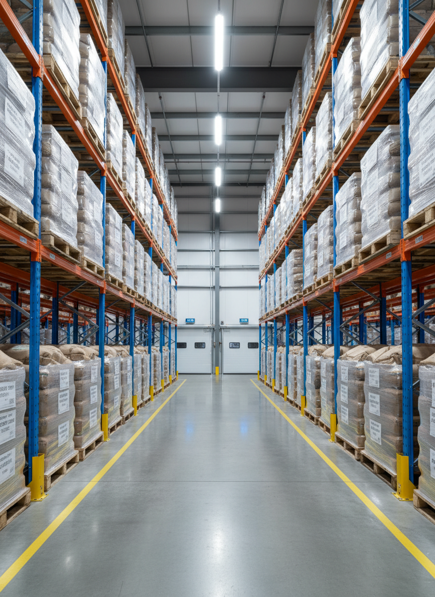 A wide, photographic realism shot of a modern agro-food warehouse interior, featuring tall blue and orange pallet racks stacked with neatly wrapped pallets of labeled sacks containing pulses and nuts. In the center, a clear aisle with freshly painted yellow safety lines leads toward large cold storage room doors with digital temperature displays glowing softly. The concrete floor is spotless, reflecting the cool white light from overhead LED fixtures. Captured from a low, slightly angled perspective, the composition emphasizes depth, order, and logistical efficiency. The atmosphere is calm, serious, and meticulously organized, highlighting the company’s capacity for large-scale storage, inventory management, and reliable distribution for both domestic and international markets.