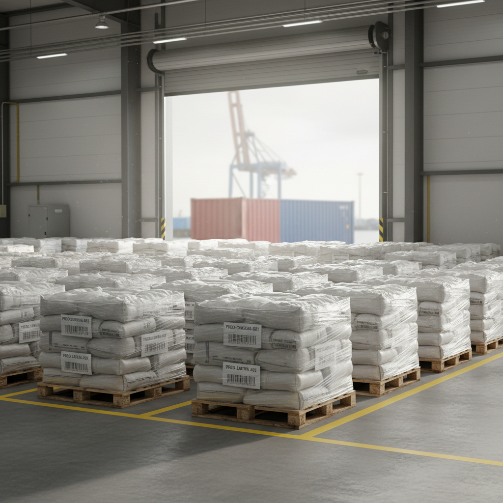 Neatly arranged export logistics scene showing multiple stacked wooden pallets wrapped in transparent stretch film, each loaded with uniform white polypropylene sacks labeled with product codes and barcodes for different pulses. The pallets are aligned in a staging area marked with bright yellow floor lines near a large, partially open industrial loading door. Outside, a section of a shipping container and the hint of a port crane are visible in soft focus, suggesting proximity to Mersin’s port. Natural daylight pours in from the open door, combining with indoor LED lighting to create strong, clear visibility and defined shadows. Captured from a slightly elevated side angle with strong depth, the photographic realism underscores scale, readiness for export, and efficient international distribution.
