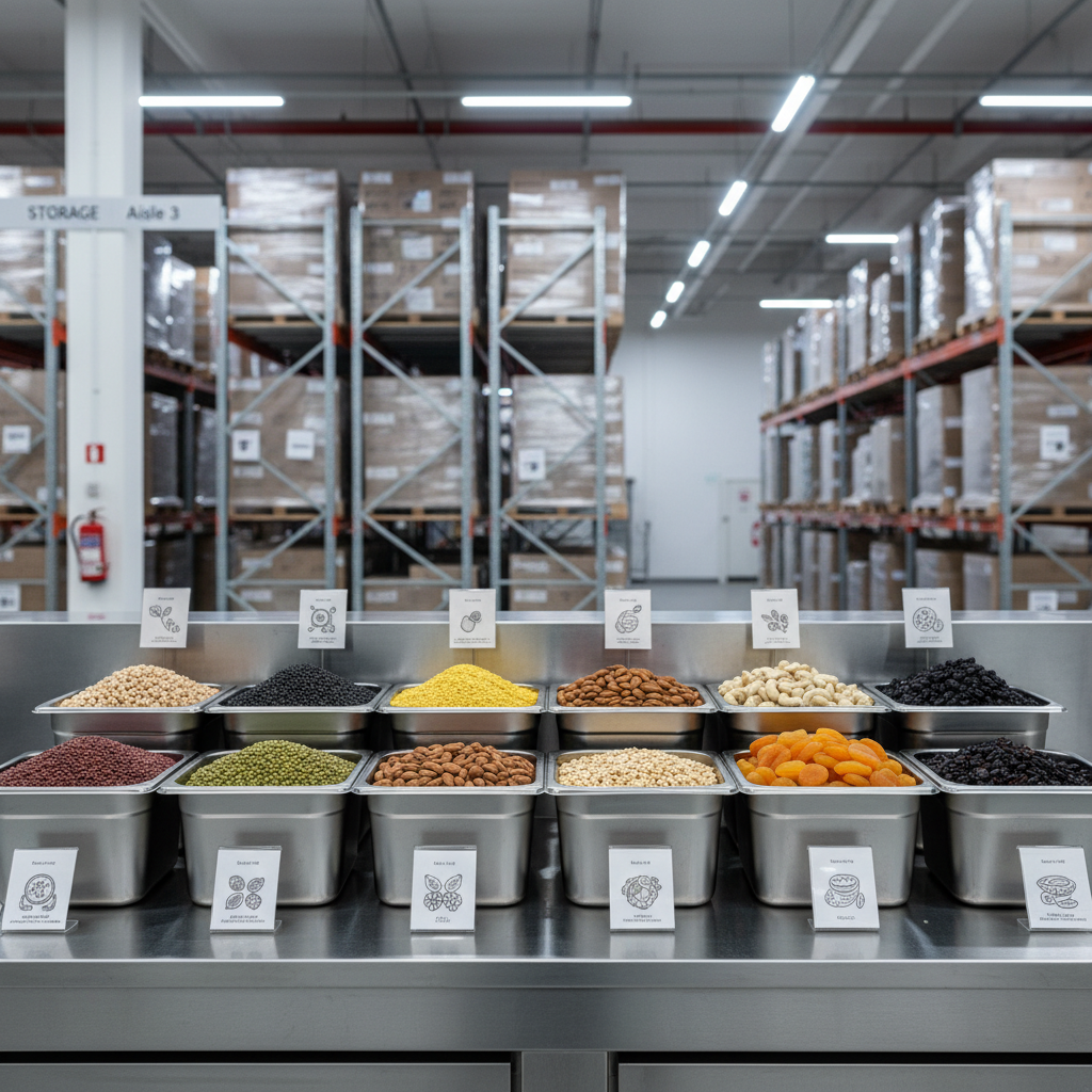 An assortment of premium-quality pulses, nuts, and dried fruits arranged in neat rows of stainless steel bins, each filled to the brim with vibrant lentils, chickpeas, almonds, pistachios, and golden apricots. The bins sit on a spotless industrial stainless steel counter in a modern warehouse environment, with tall pallet racks and clearly labeled storage sections softly blurred in the background. Cool, diffused overhead LED lighting creates crisp, even illumination, highlighting textures and natural colors while casting minimal shadows. Captured at eye level with a medium depth of field, the composition feels orderly and professional. The photographic realism and clean, modern aesthetic convey reliability, hygiene, and meticulous quality control suitable for an international food trading company.